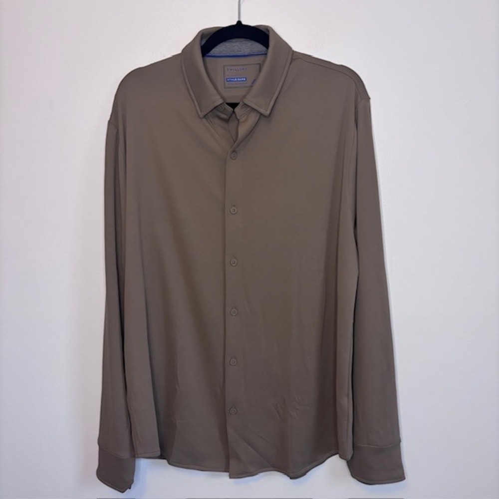 Twillory Athleisure Performance Button Down Polo Golf Shirt Mens XL Taupe Brown
